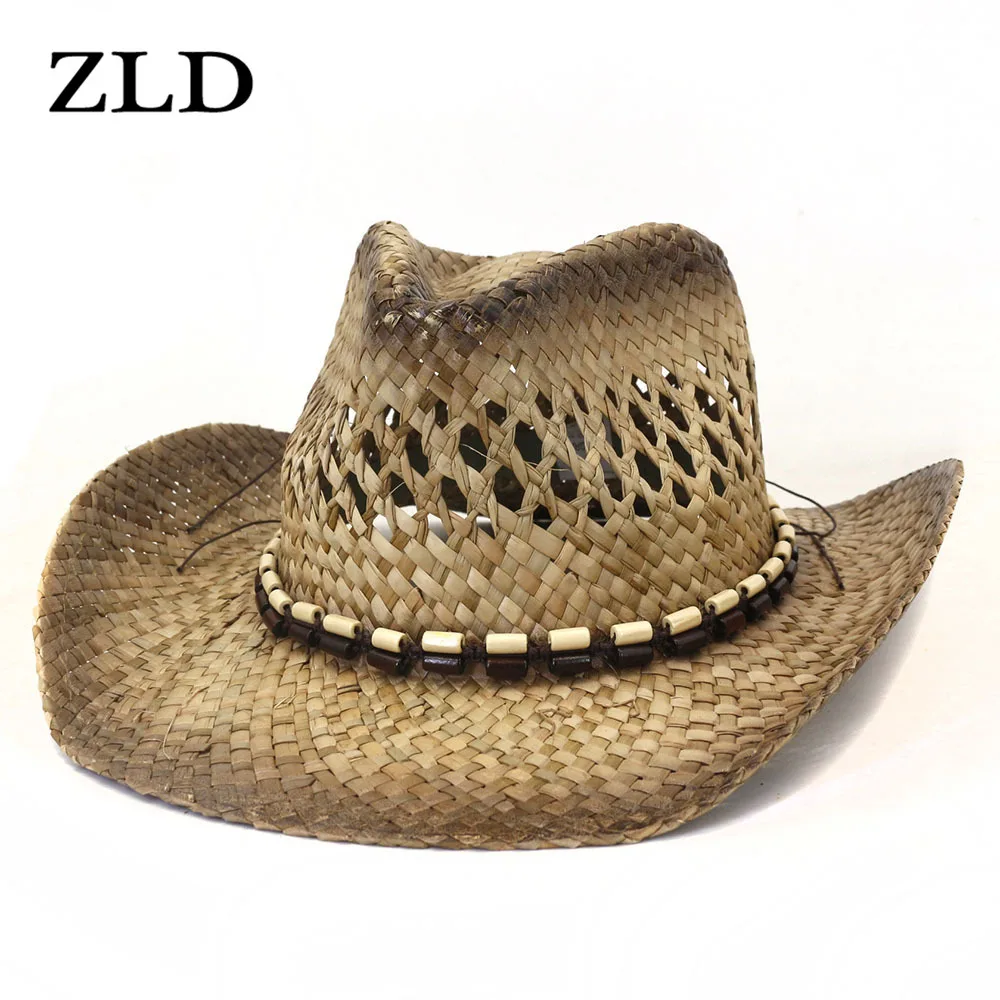 

ZLD 2022 Men Summer Natural Straw Western Cowboy Hat Handmade Weave Curling Brim Cowgir Hat Panama Hats Sombrero Cap 58CM