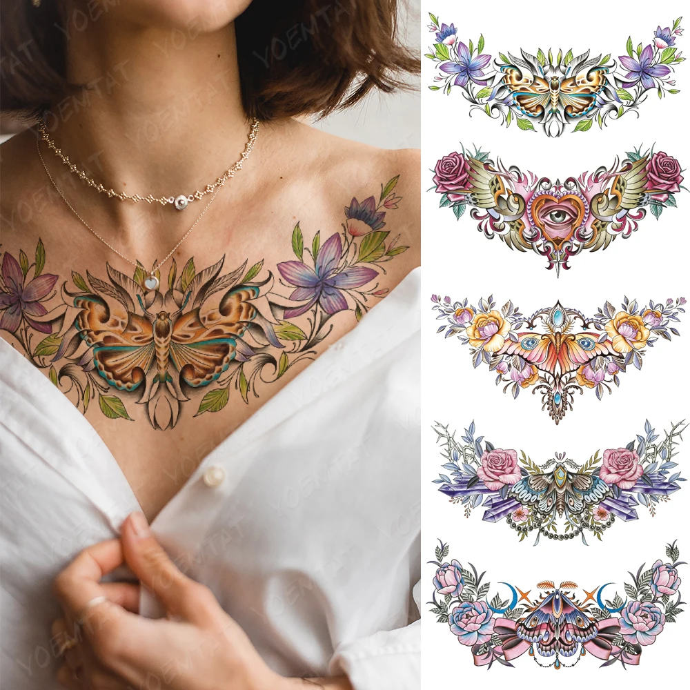 

Chest Tattoo Stickers Colorful Butterfly Flower Waterproof Temporary Fake Tatoo Large Waist Shoulder Sexy Body Art Men Women