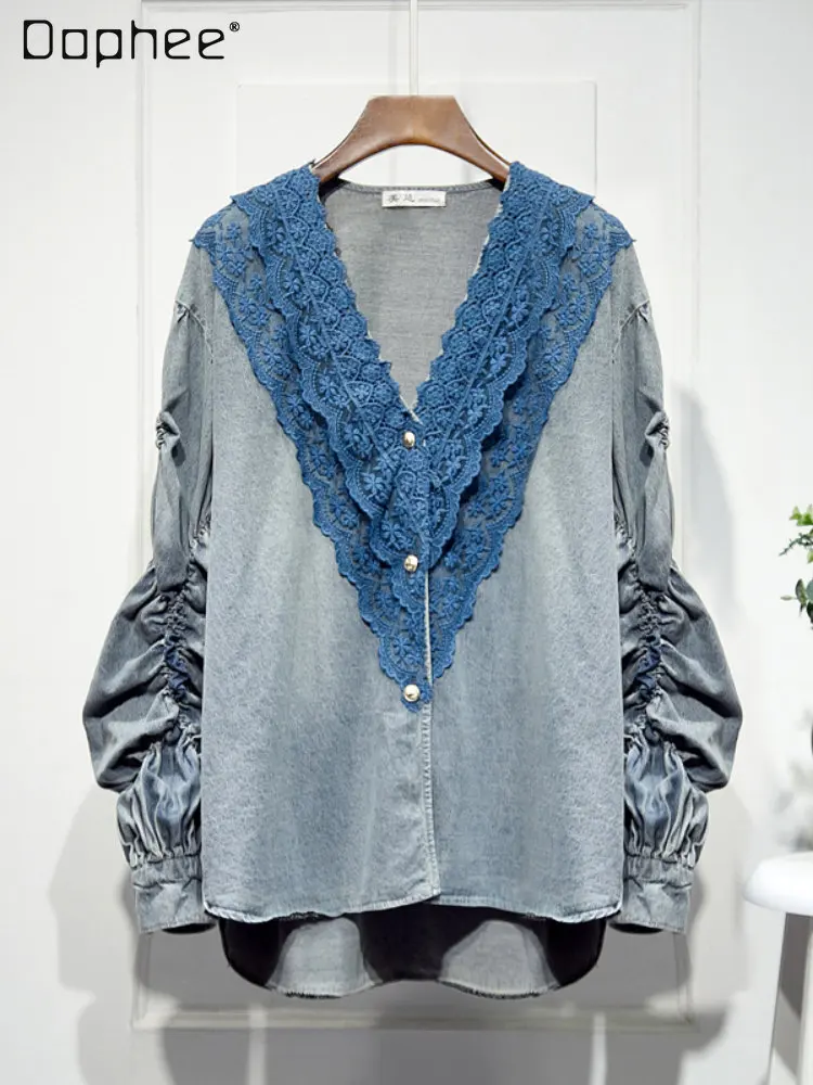 Women's Loose Korean Style Lace V-neck Denim Shirt Elegant Lantern Long Sleeve Slimming Three-Button Blouses for Women Fashion