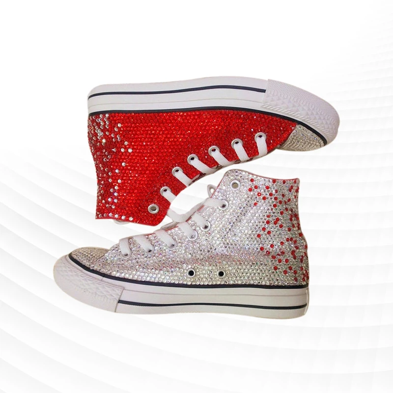 

Double spell canvas shoes high-top red and white street shooting comfortable handmade rhinestone vulcanized shoes 35-46
