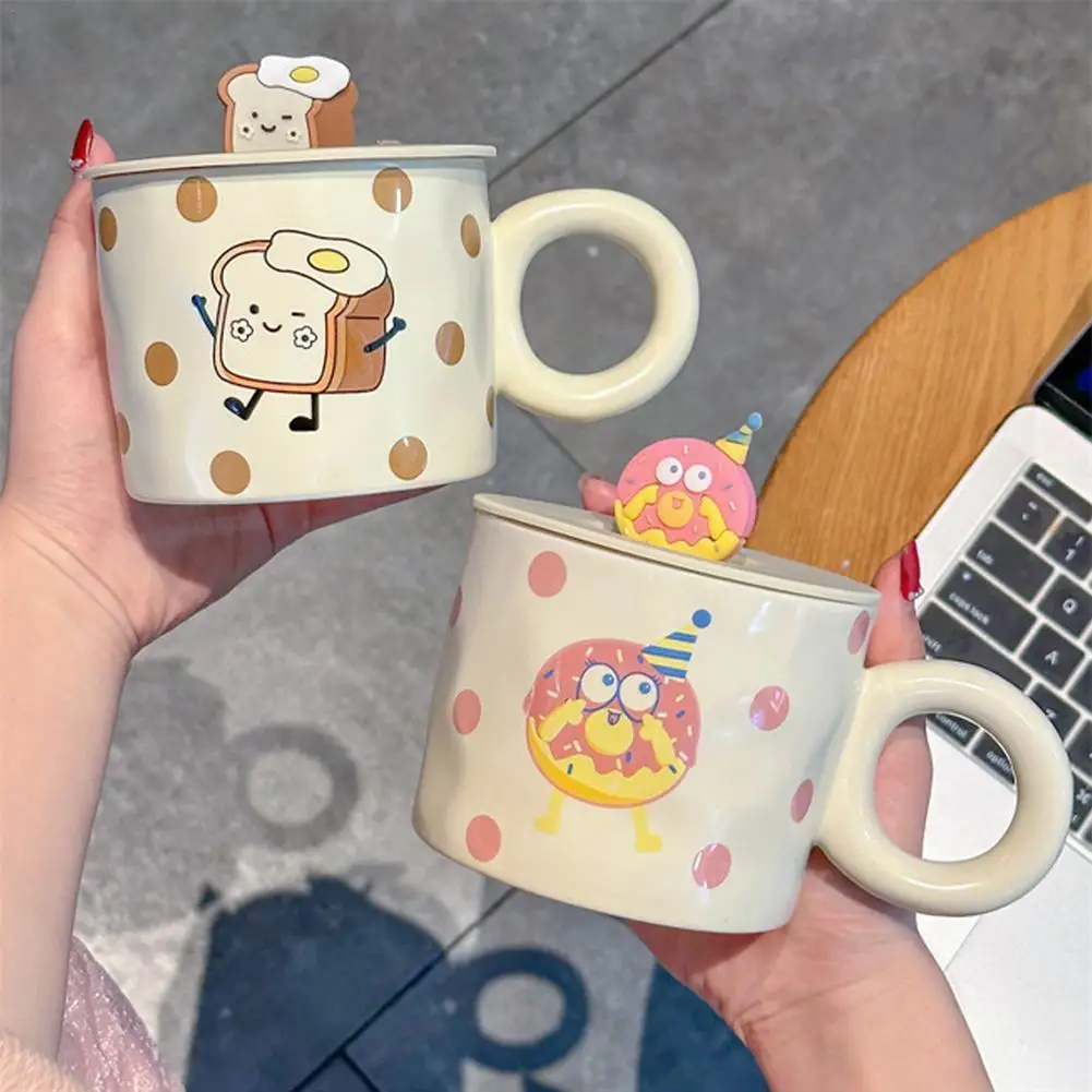 

Ceramic Coffee Cup Large Circle Handle With Lid Mug Utensils Cute Cup Style Cartoon Drinking Cream Cheese Doughnut Children K2y1