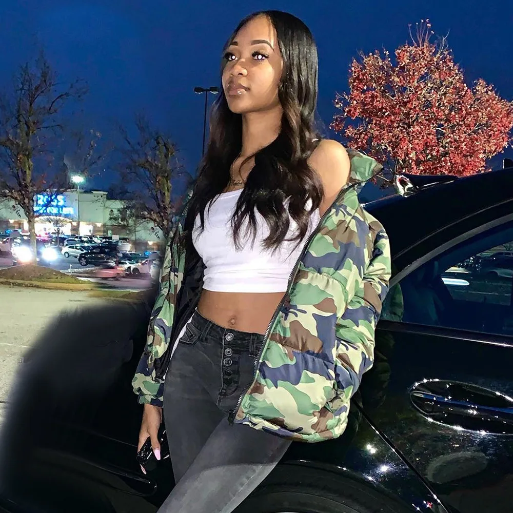 2022 Cotton Jacket Long Sleeve Warm Camouflage High Collar Personality Female Jacket Windproof Zipper Women's Clothing