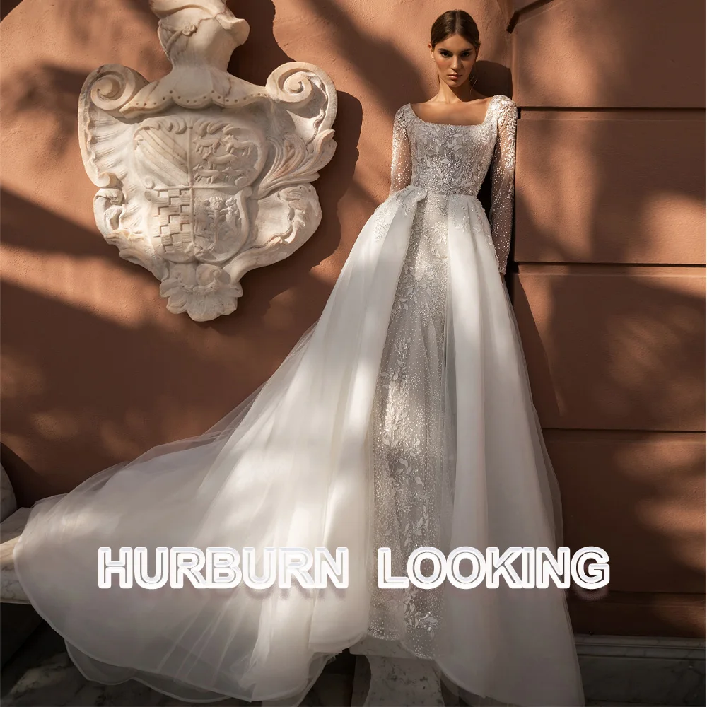 

HERBURN Exquisite Wedding Dresses For Women Long Sleeves Square Collar Sparkly Custom Made Robe Mariee Robe De Soiree Mariage