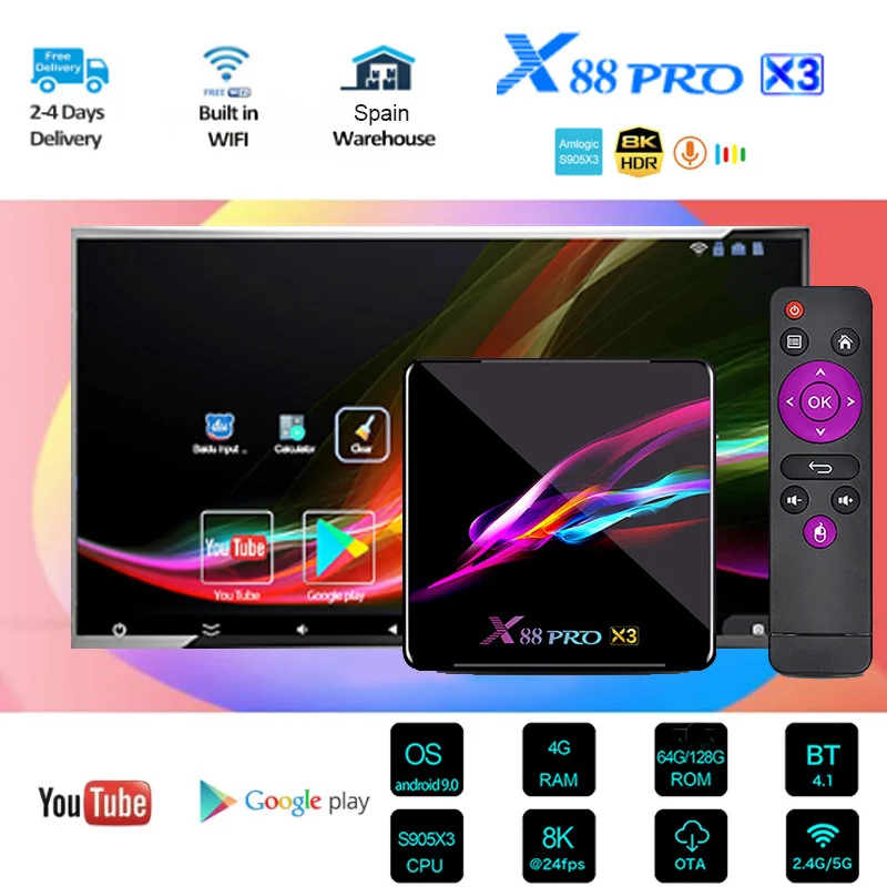 

ТВ-приставка X88 Pro X3, Android 9,0, Amlogic S905x3, Wi-Fi, 4k, 4 + 64/128 ГБ