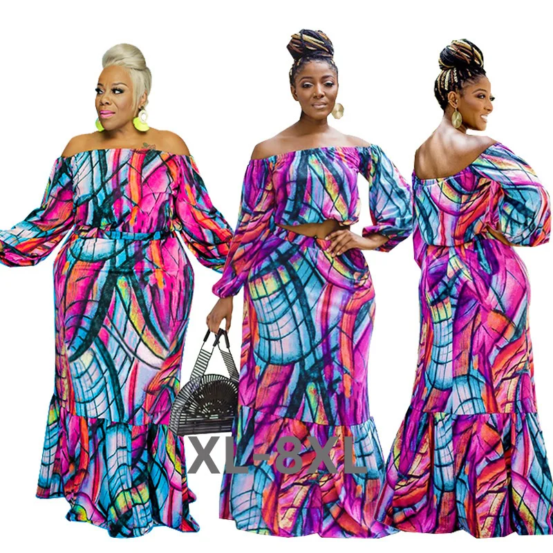 Plus Size Sets Wholesale Two Piece Set Women Skirt Suits Sexy Off Shoulder Print Casual Streetwear 3xl 4xl 5xl 6xl