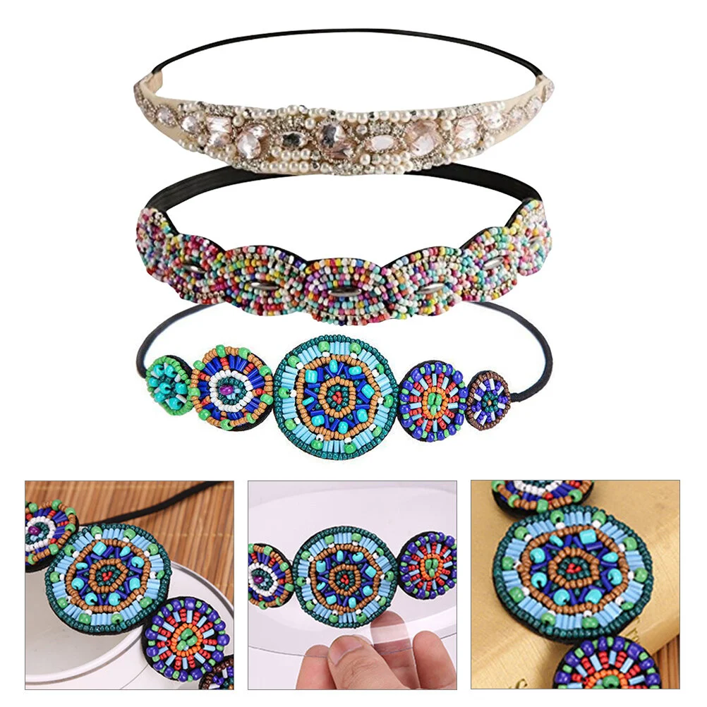 

3 Pcs Rhinestone Headbands Beaded Circle Elastic Vintage Jeweled Jewelry 16X16CM Hair Accessories Women Fabric Miss