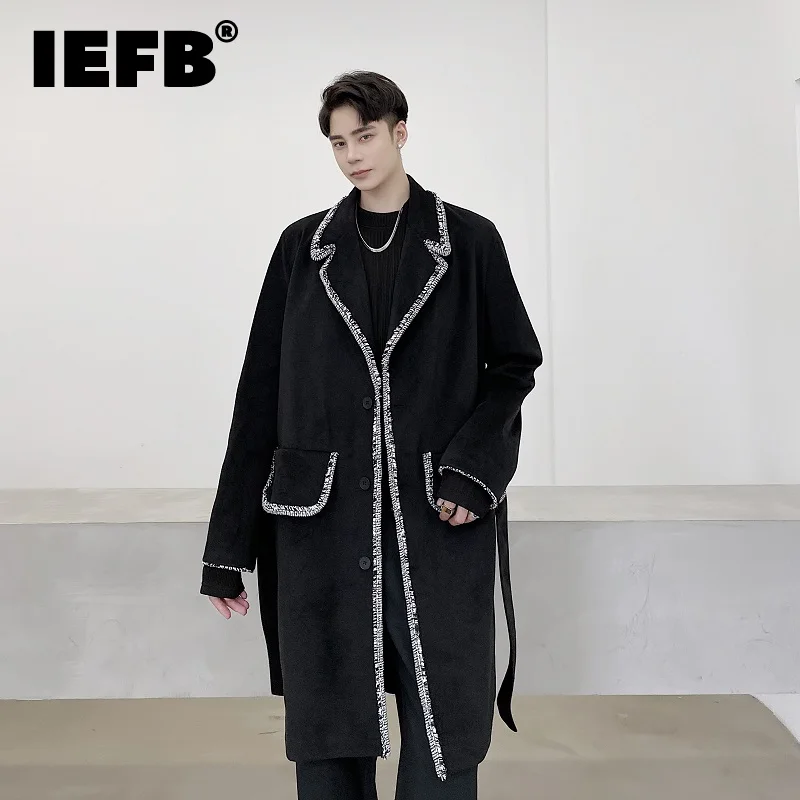 IEFB Trendy Woolen Coats Men's Bright Filament Contrast Color Tailored Collar 2022 Winter Single Breasted Belt Tops New 9A6356