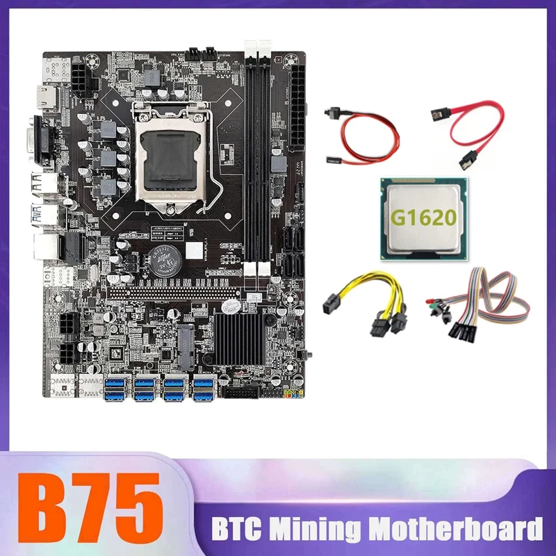 B75 BTC Miner Motherboard 8XUSB+G1620 CPU+Switch Cable+SATA Cable+6Pin To Dual 8Pin Cable+With Light Switch Cable