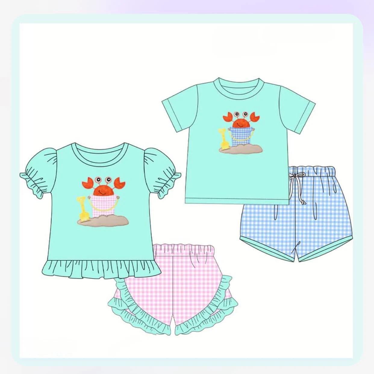 Летний костюм для мальчиков и девочек с коротким рукавом голубой топ клетчатые