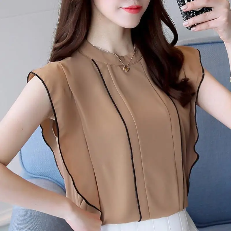 

Summer Women Blouse O-Neck Blue Chiffon Blouse Shirt Tops Women Short Sleeve Blouse Women Blusas Mujer De Moda 2023 Blouses F997