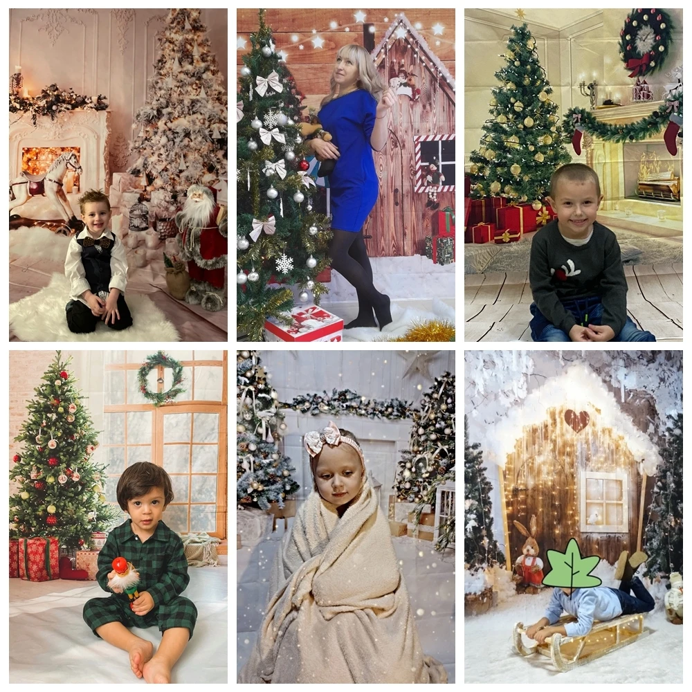 Christmas Wood Floor Backdrop Winter Snow Xmas Tree Gift Family Party Background New Year Decoration