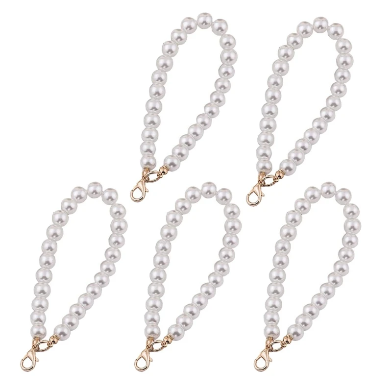 

5 Pcs Faux Pearl Wristlet Chain Strap Keychain Fashionable Hand Wrist Lanyard White Pearls Lanyard for Purse Keys Decor