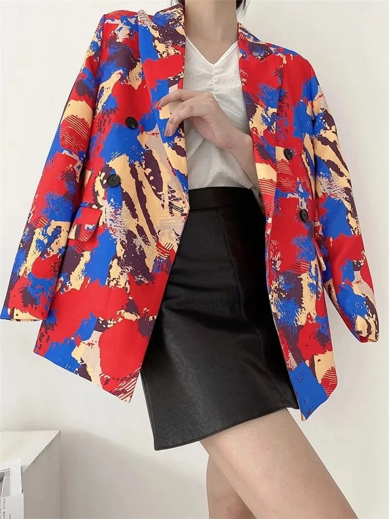 Red Graffiti Printed Blazer Suit Harajuku Women Loose Double Breasted Casual Office Blazer 2021 Spring Autumn New All-Match Suit