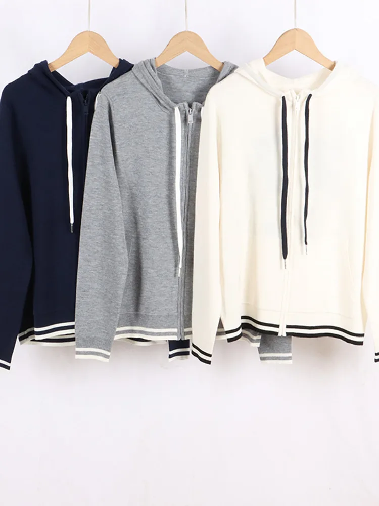 

Back Floral Embroidery Women Knit Cardigan Letter Printed Loose Long Sleeve Stripes Zipper Hooded Drawstring 100% Wool Sweater