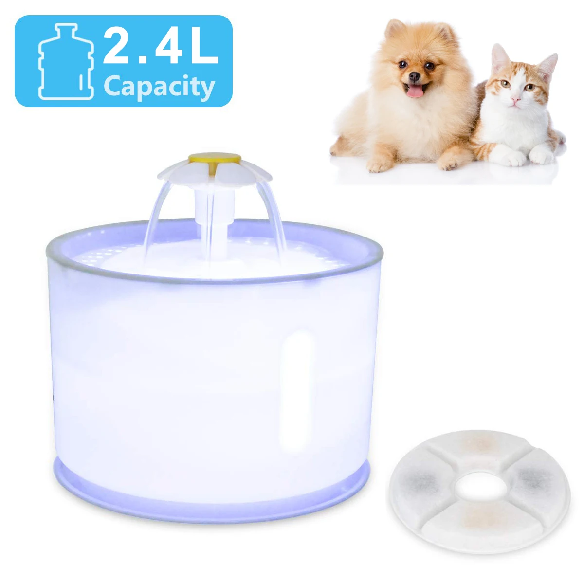 Автоматический питьевой фонтанчик для домашних животных, 2,4 л, с подсветкой, 2 шт. фильтров, USB, для собак и кошек, бесшумная поилка, миска, питьевой диспенсер