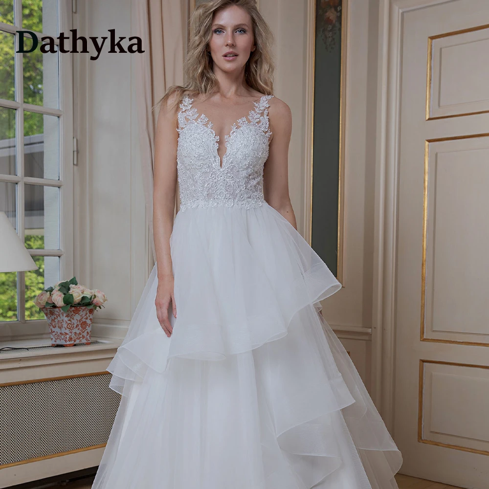 

Dathyka Charming V-Neck Sleeveless Lace Wedding Dress For Mariages Layered Spaghetti Strap Wedding Gowns For Bride Customized