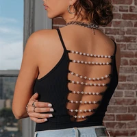 summer fashion short rompers overall 2021 summer women black sexy strap hollow out bodysuit tops bodycon chain backless pearl