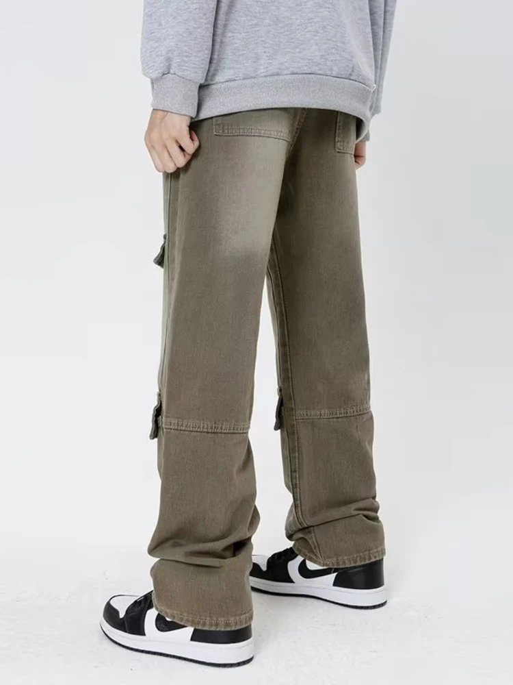 Multi-Pocket Loose Denim Pants Mens High Street Washed Distressed Straight-leg Pants Retro Jeans Mens Pants Baggy Jeans Denim