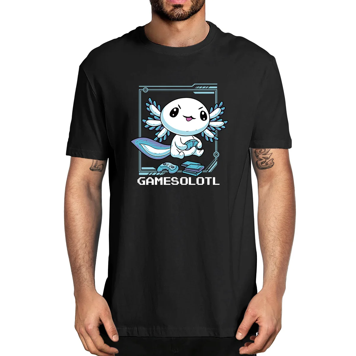 

Gamesolotl Gamer Axolotl Fish Playing Video Games Lizard Funny 100% Cotton Summer Men's Novelty Oversized T-Shirt Women Casual