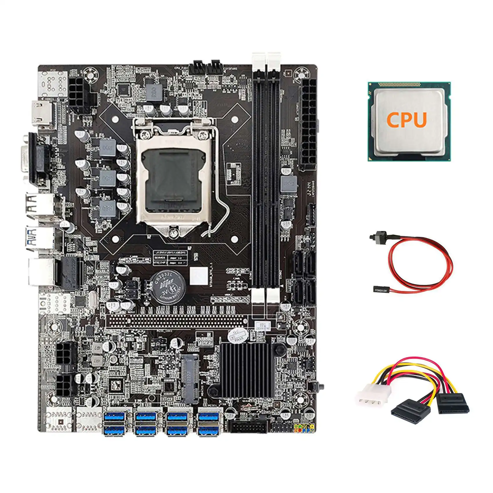 

Материнская плата B75 ETH для майнинга 8xpcie USB адаптер + ЦП + 4-контактный кабель для SATA + кабель переключателя LGA1155 B75 USB Майнер материнская плата