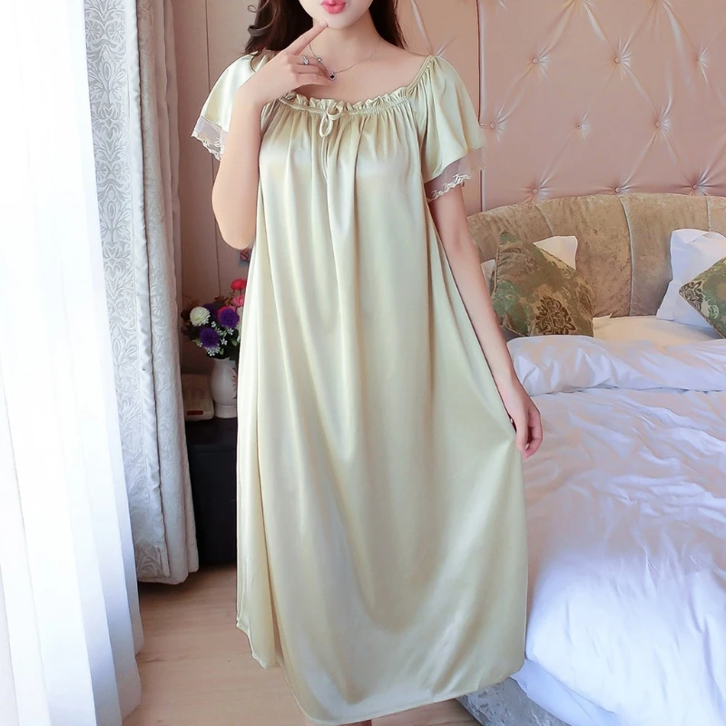Женская летняя кружевная шелковая ночная рубашка с коротким рукавом свободная