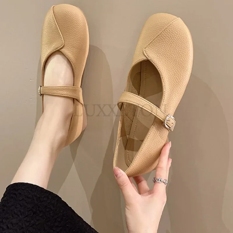 Туфли Мэри Джейн с круглым носком кожаные туфли на одной линии закрытым модная