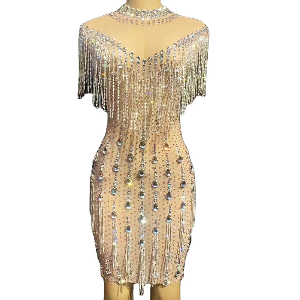 

Rhinestones Tassel Mini Dresses Nude Half High Collar Mesh Gauze Perspective Dress Stage Wear Lady Nightclub Performance Costume