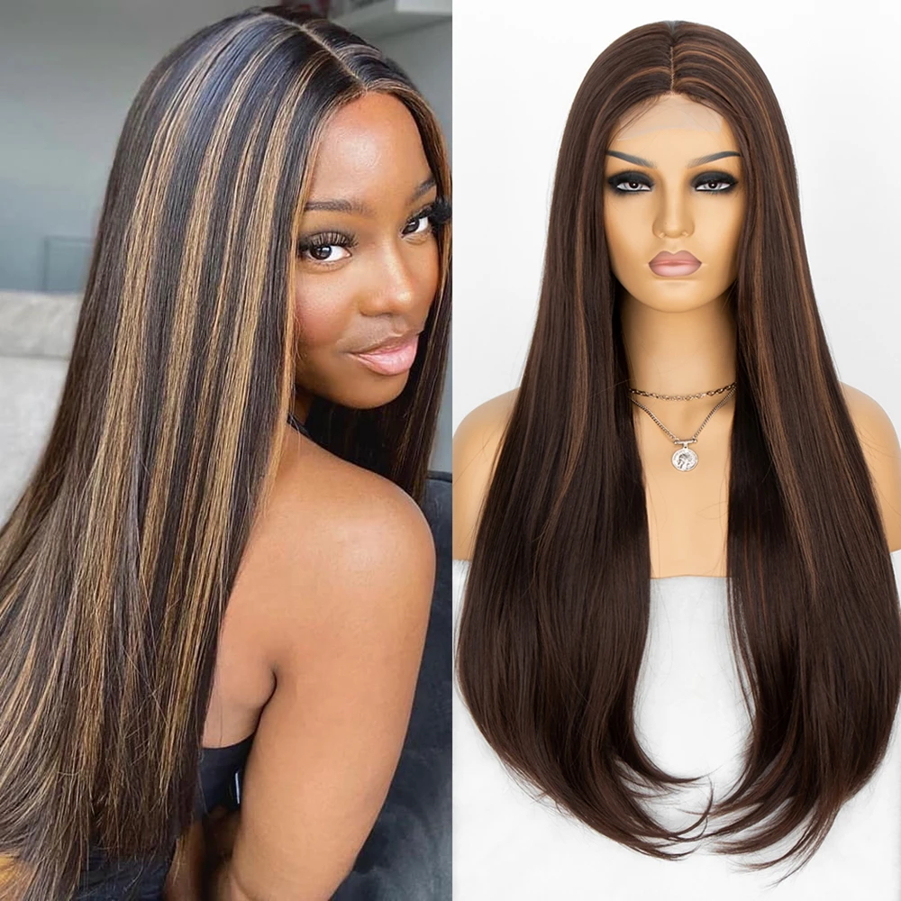 

Kryssma Synthetic Blonde Highlight Lace Part Wigs for Black Women Middle Part Wig Long Straight Heat Resistant Synthetic Wig