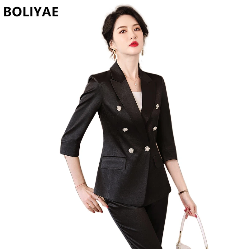 Spring Summer Fashion Blazers for Women Formal Trouser Suits OL Elegant Office Lady Business Long Sleeve Jacket and Pants Set