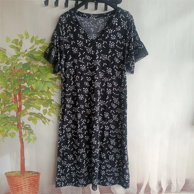 Summer Plus Size Night Dress Women Cool Knit Lace V-neck Short Sleeved Dress Chest Circumference 82-134cm Loungewear