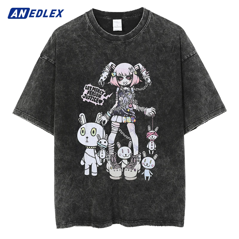 

Men Summer Harajuku Washed T-shirt Streetwear Black T-shirt Japanese Anime Print Vintage Short Sleeve Oversized Cotton Casual