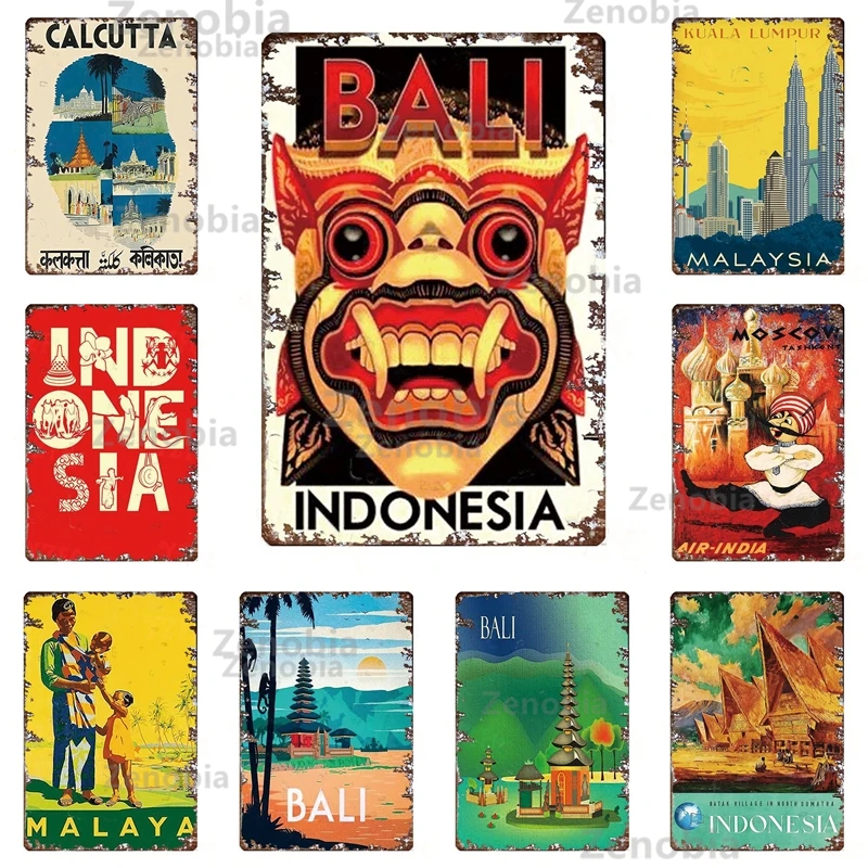 Bali Malaysia Travel Metal Poster Vintage Metal Sign Landscape Shabby Tin Plates Plaque Retro Iron Painting Man Cave Decoration