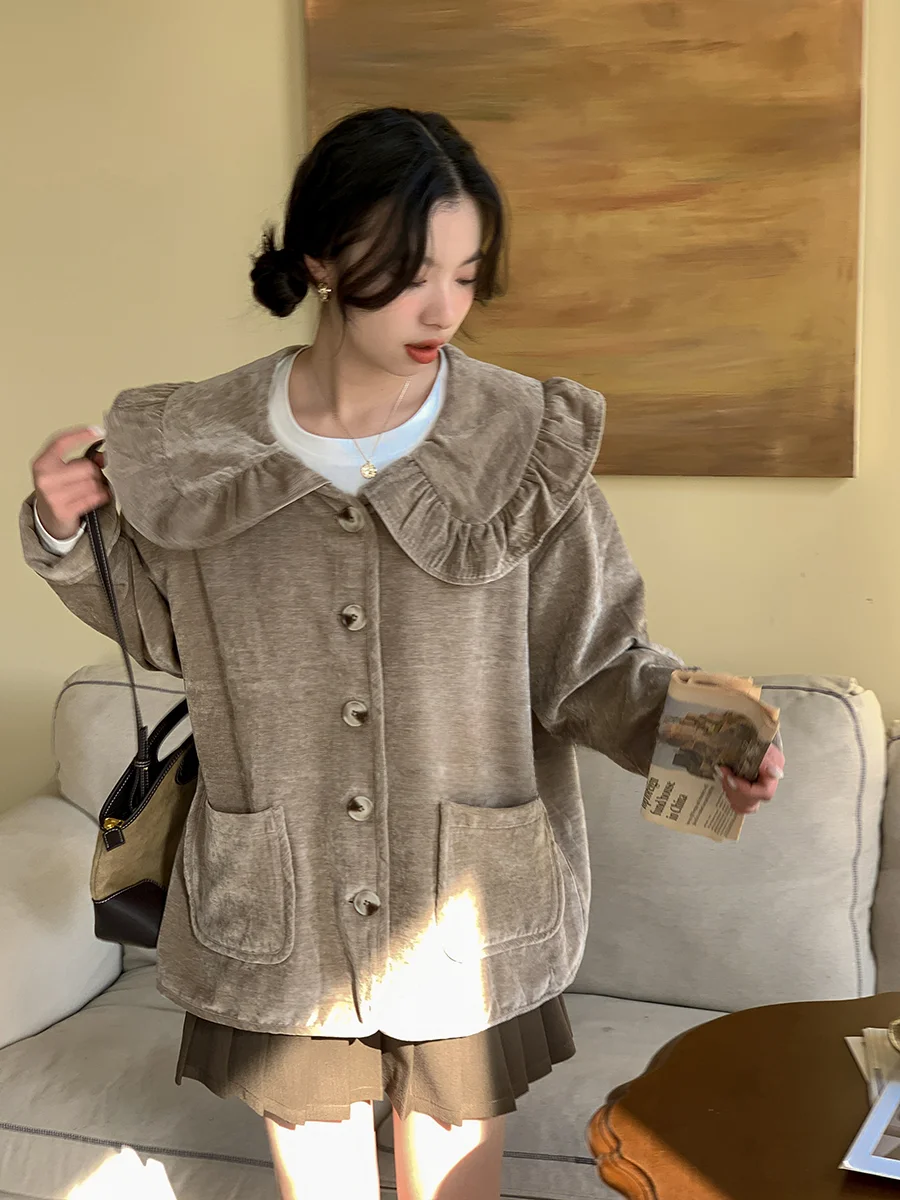 Женская элегантная верхняя одежда из синели с кукольным воротником и лунным