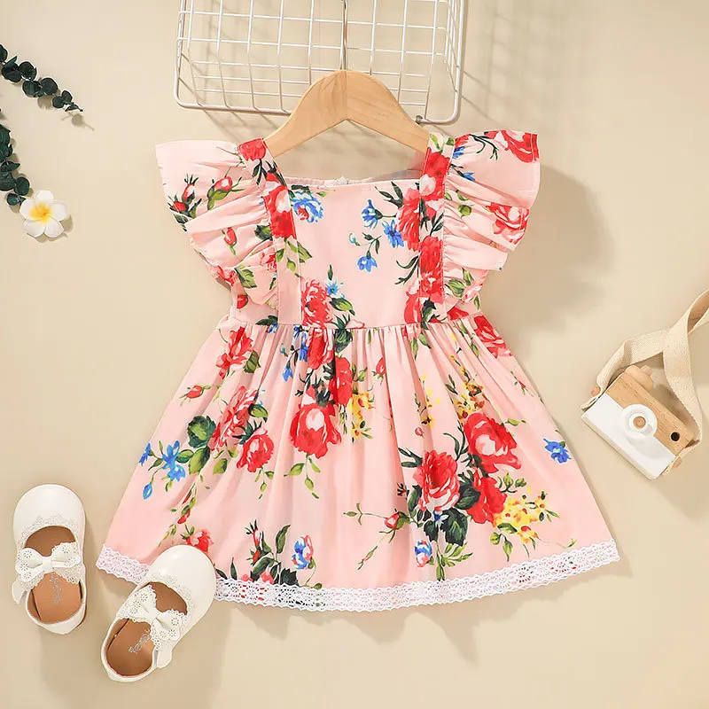 

Summer 2023 New Arrivals Girls Sleeveless Ruffles Print Floral Pink Infantil Menina Cute Party Dress Custume 0-2T