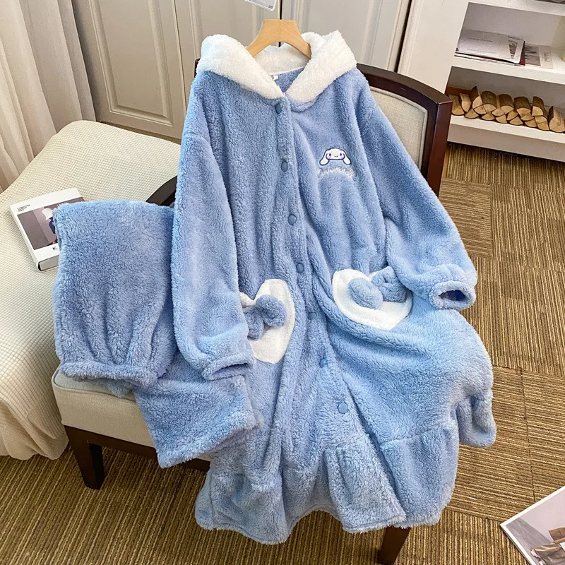 Women Winter Warm Fleece Nightgown Cute Kawaii Sleepwear Cartoon Big Eared Dog Pajamas Set Homewear Thick Flannel Nightdress Set