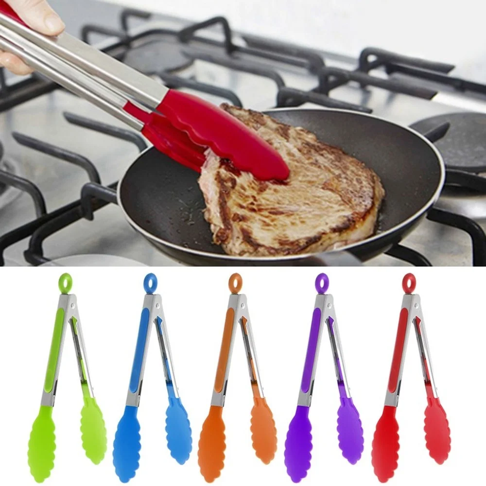 

Stainless Steel Silicone BBQ Tongs Home Food Bread Clip Picnic Steak Clip Kitchen BBQ Bread Baking Clip Food Cooking Tools