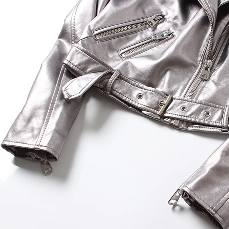 2023 spring and autumn clothes new silver women's washed motorcycle leather belt leather jacket coat