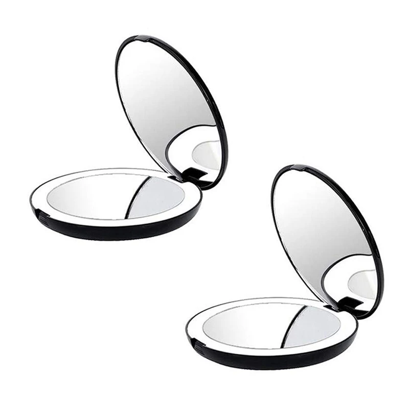

2X Portable Folding Mirror With LED Light Makeup Mirror, 10X Magnifying Glass, 12 Lamp Bead Mini Mirror Black