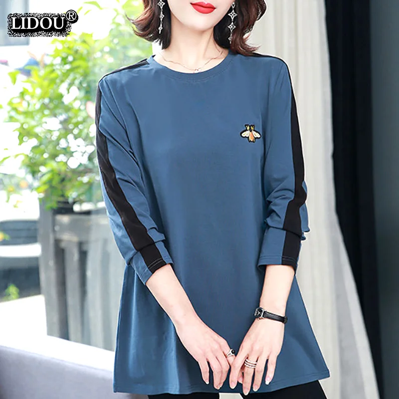 Comfortable Simple All-match Appliques Long Sleeved T-shirts Fashion Casual O-neck Patchwork Solid Color Top Women's Clothing