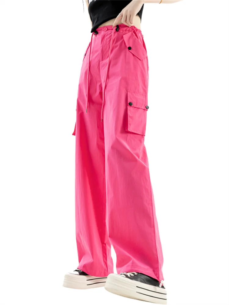 

Брюки-карго женские с завышенной талией, модные прямые штаны для отдыха с широкими штанинами, уличные однотонные брюки с перемычкой, розовые, на осень, Y2K