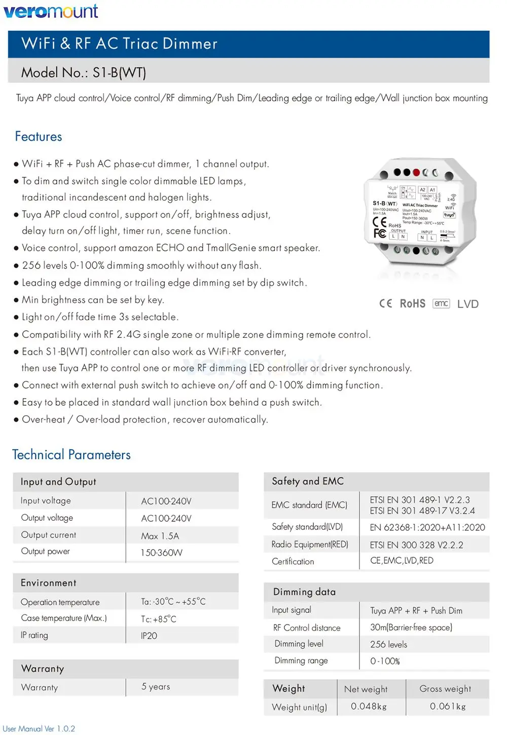 Фото Skydance 1CH * 1,5A WiFi + RF + Push AC Диммер с фазовым вырезом S1-B (WT) Диммер триака Tuya APP Облако/голосовое управление S1-B WT Светодиодный контроллер №4