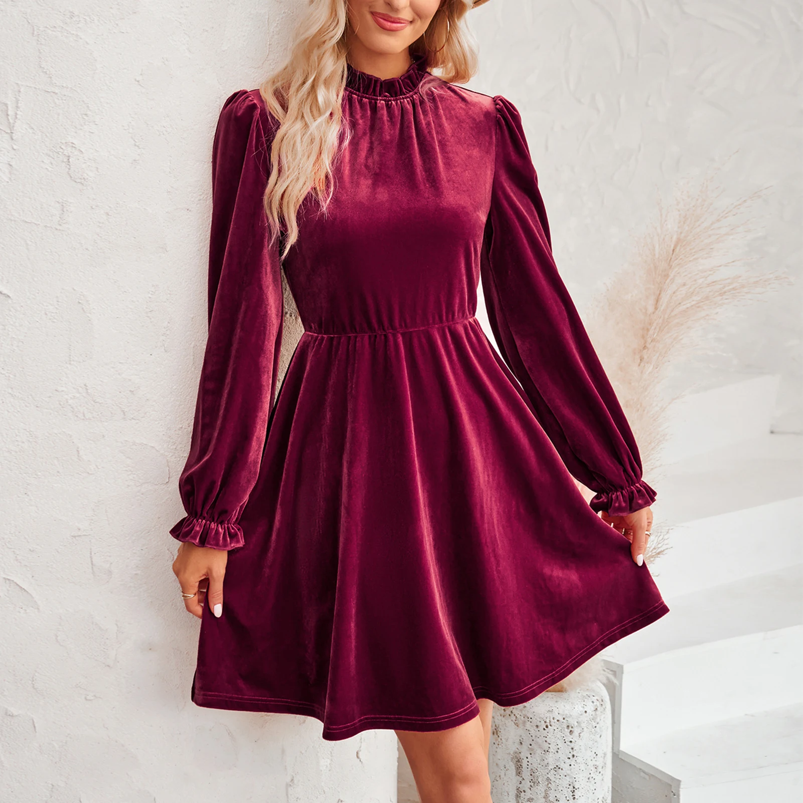 

Women Elegant Mini Dress Waisted High Collar Long Sleeve Dress Casual Style Flounce Sleeve Dress Slim Fit Basic Vacation Outfit