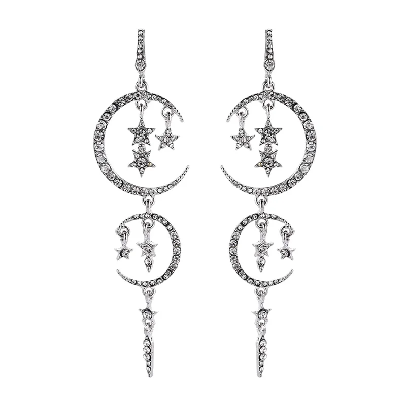 

New Fashion Hollow Long Drop Earrings Zircon Moon Star Earring For Women Girls Sliver Jewelry Party Wedding Accessories