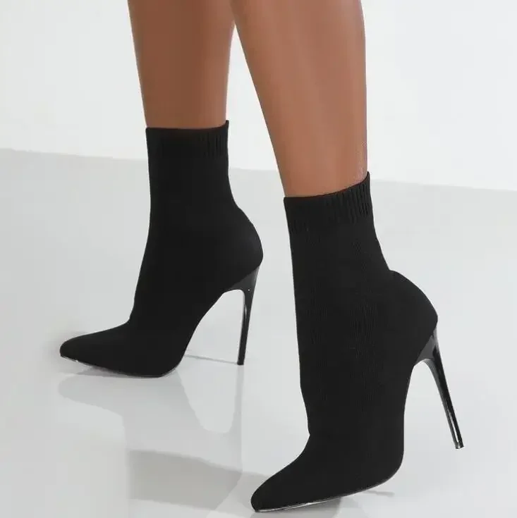 Роскошные женские туфли-носки из эластичной ткани ботильоны с острым носком на