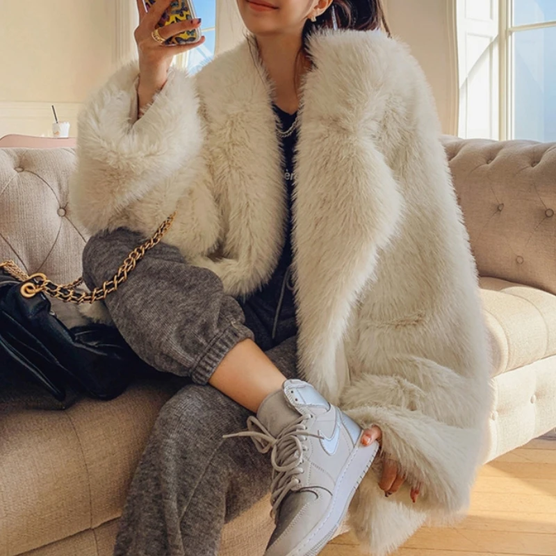 HOUZHOU Faux Fur Coat Winter 2022 Luxury Elegant Fashion Suit Collar Thick Warm Faux Fox Fur Cardigan Medium Length Fluffy Coat