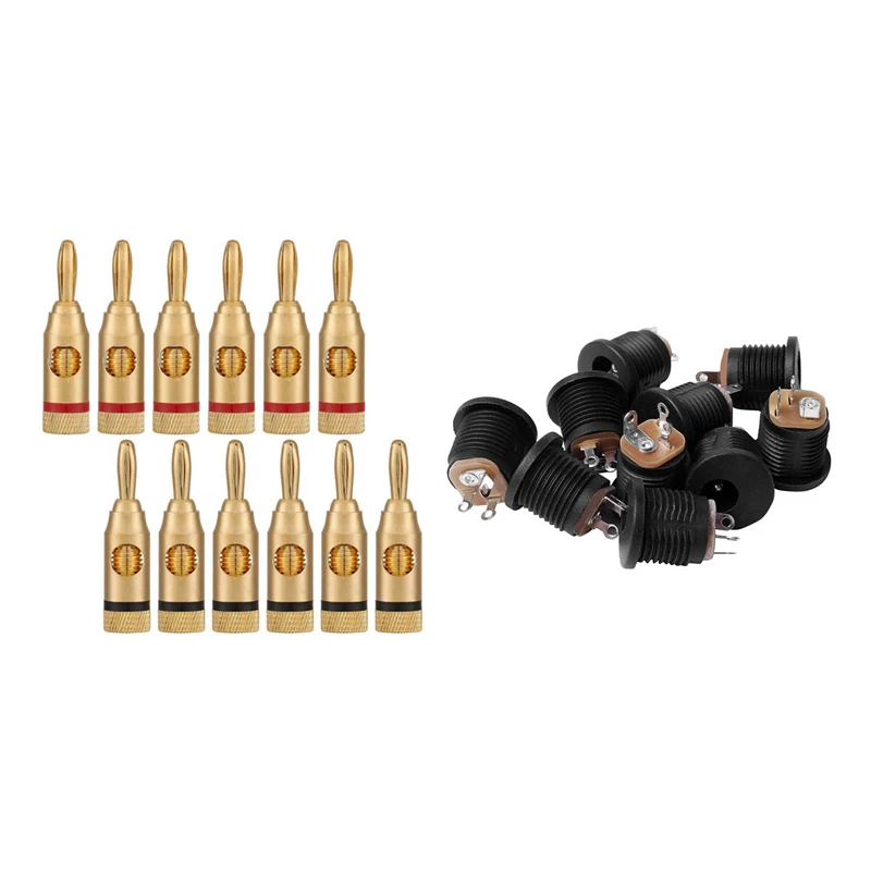 

10 Pcs Panel Mount 2.1X5.5Mm Power Jack DC Socket & 12 Pcs Gold-Plated Banana Plug Or Connector (Open Screw Type)