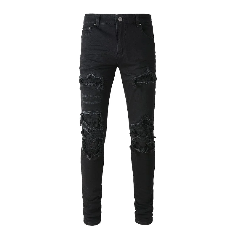 

AM New Arrival Mens Black Distressed Streetwear Fashion Slim Stretch Daged Holes With Bandana Ribed Patches Ripped Skinny Jeans