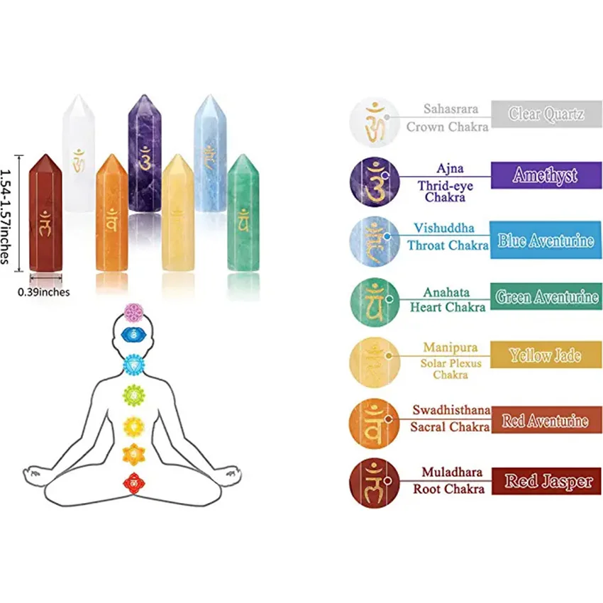 XSM 7 Chakra Symbol Crystal Stone Set Natural Hexagonal Prism Reiki Healing Crystal Stone for Yoga Meditation Balancing Set of 7