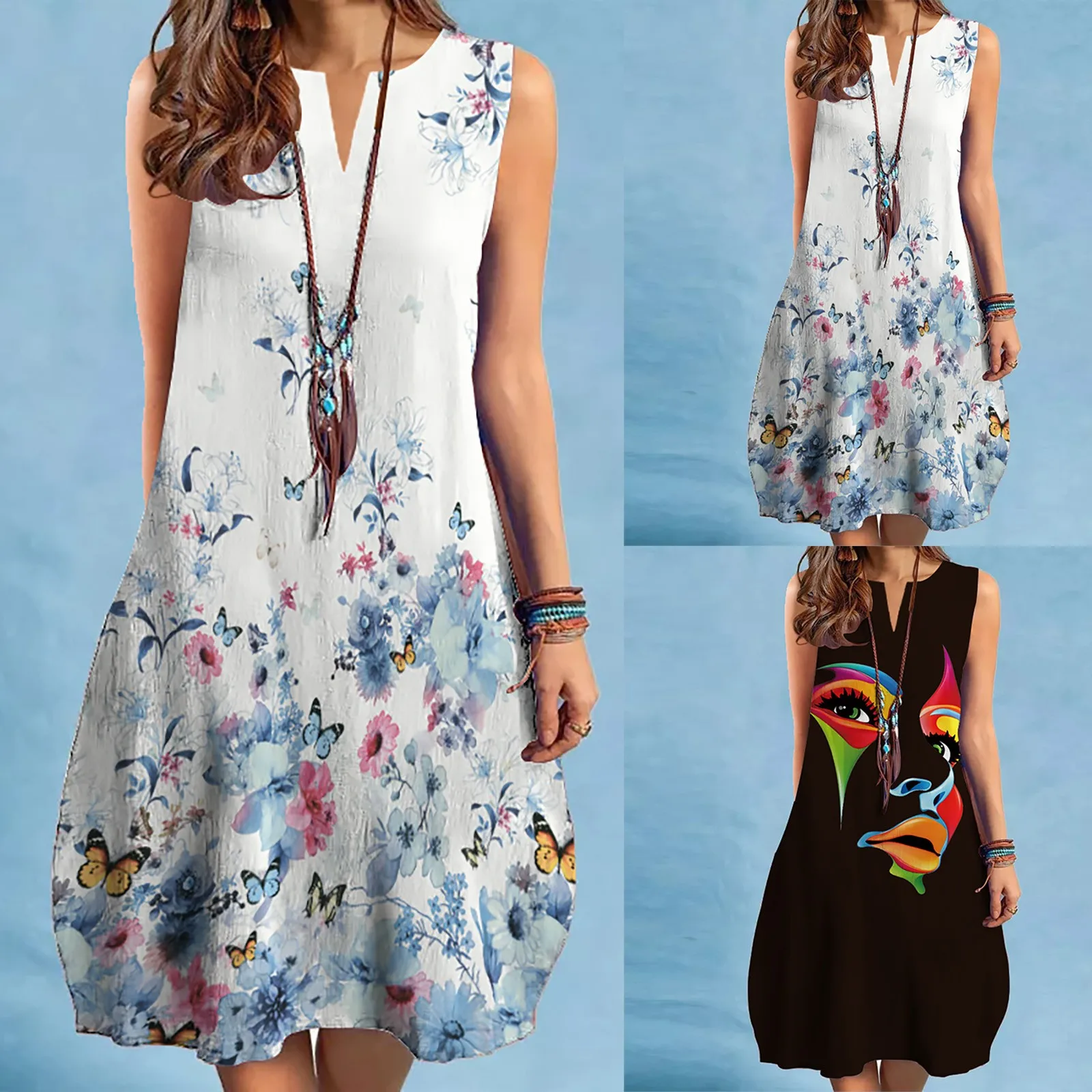 

Платье женское свободное без рукавов, миди-платье с принтом, свободный фартук на талии, хлопковое платье-миди для женщин