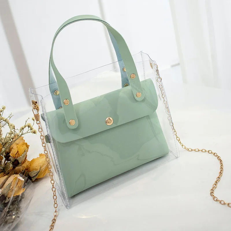 

2022 Summer Fashion Women Bag PU and PVC Transparent Bag Mobile Phone Change Shoulder Bag Messenger Chain Bag